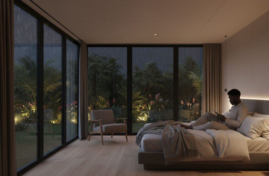 Habitación con vista panorámica a un jardín tropical, iluminación suave y ambiente relajante.
