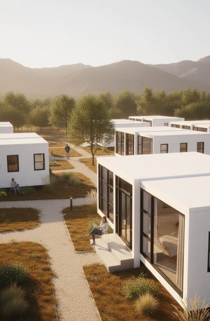 Viviendas modernas en comunidad sustentable con diseño innovador y eficiencia energética.
