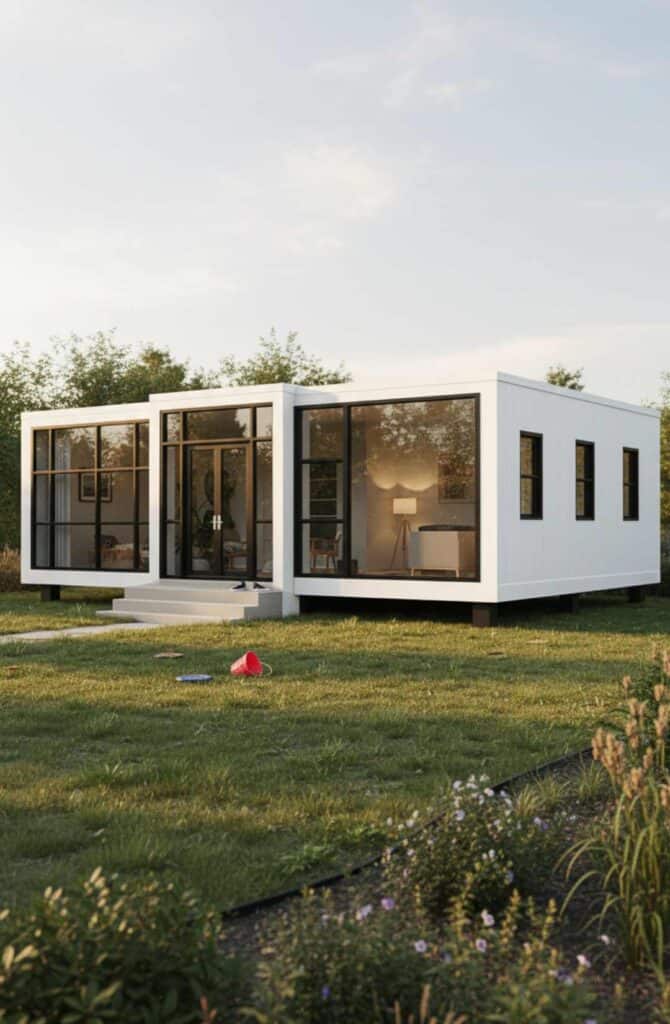 Casa modular moderna con grandes ventanales y jardín exterior.