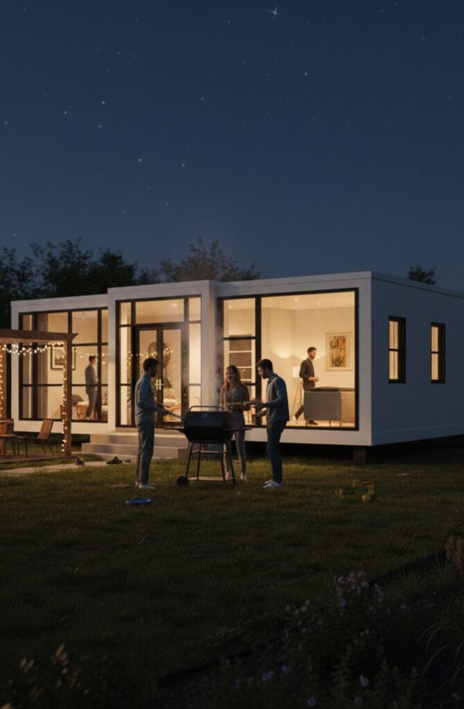 Casa moderna con iluminación cálida en noche estrellada, ideal para vida familiar y confort.