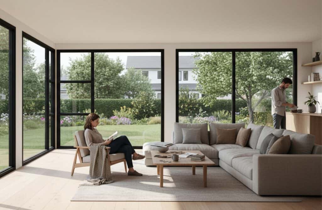 Vista panorámica de una sala moderna con grandes ventanas y vista al jardín exterior.
