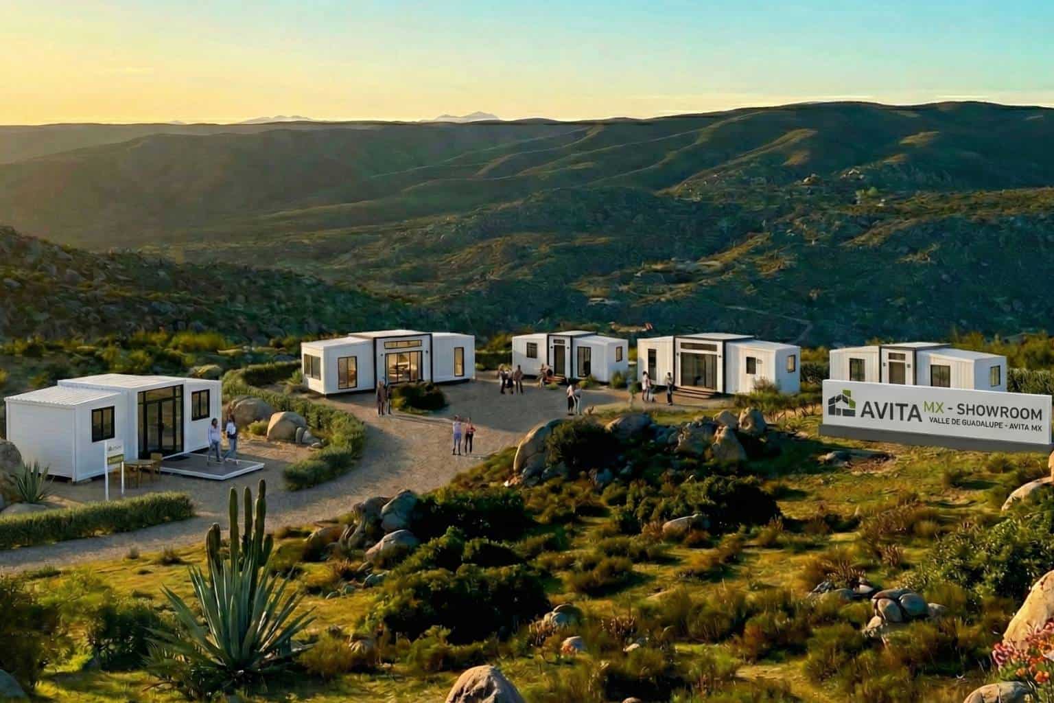 Viviendas modulares AVITA MX en un paisaje natural con colinas y vegetación.
