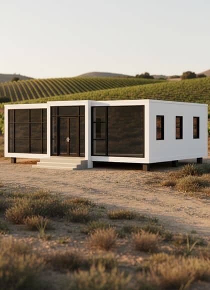 Casa moderna en campo con diseño minimalista y grandes ventanas, ideal para vida en contacto con la.
