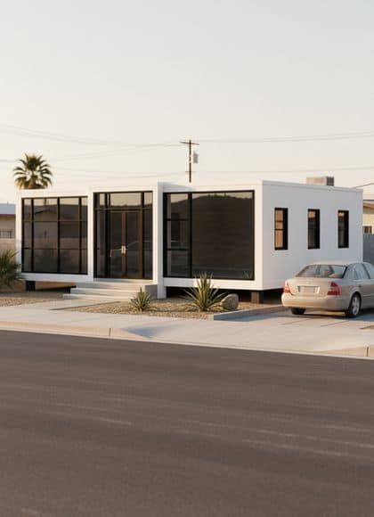 Casa moderna con grandes ventanales y diseño minimalista en color blanco.