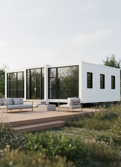 Casa modular moderna con grandes ventanales y terraza exterior.