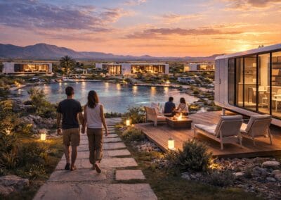 EDIFICIO RESIDENCIAL CON VISTA AL LAGO AL ATARDECER.
