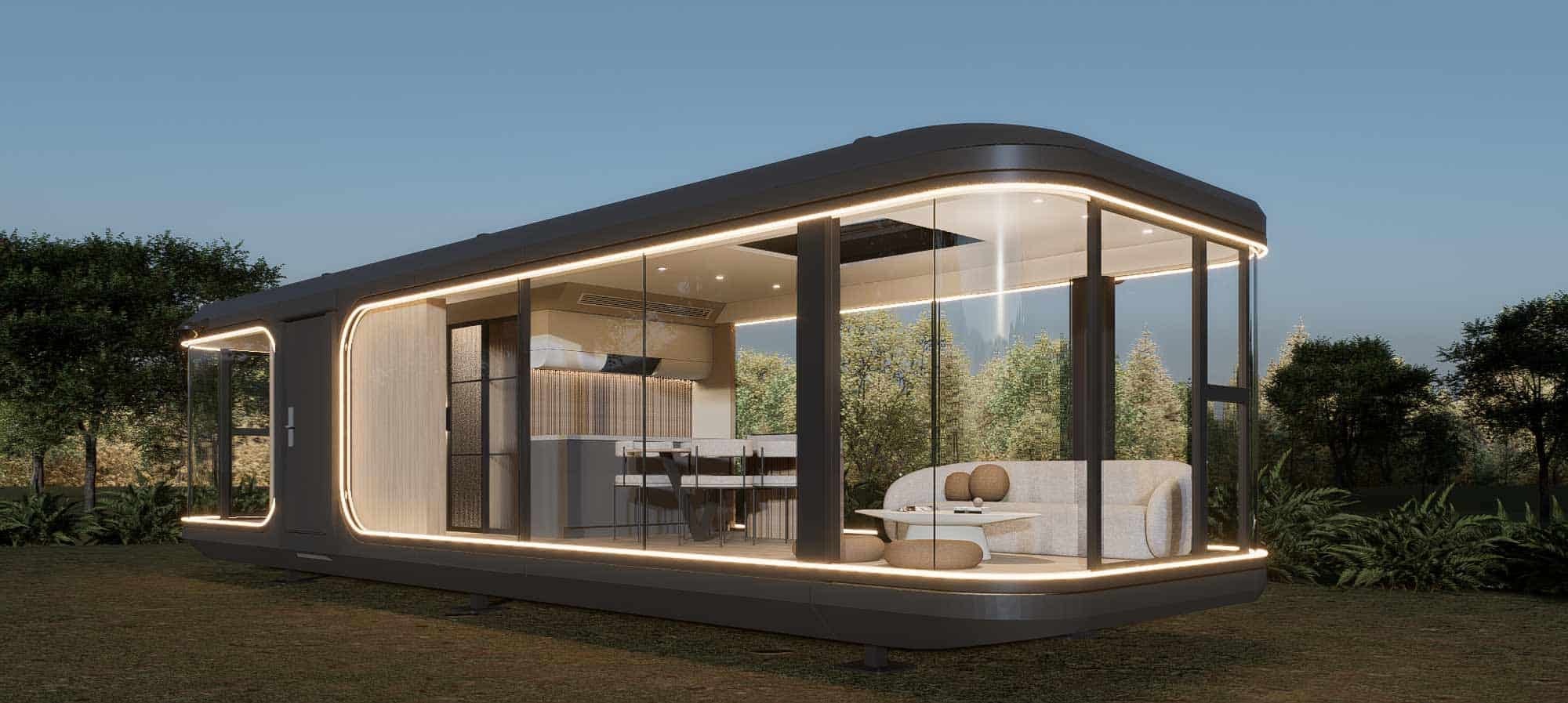 Casa moderna prefabricada con diseño innovador y grandes ventanales.