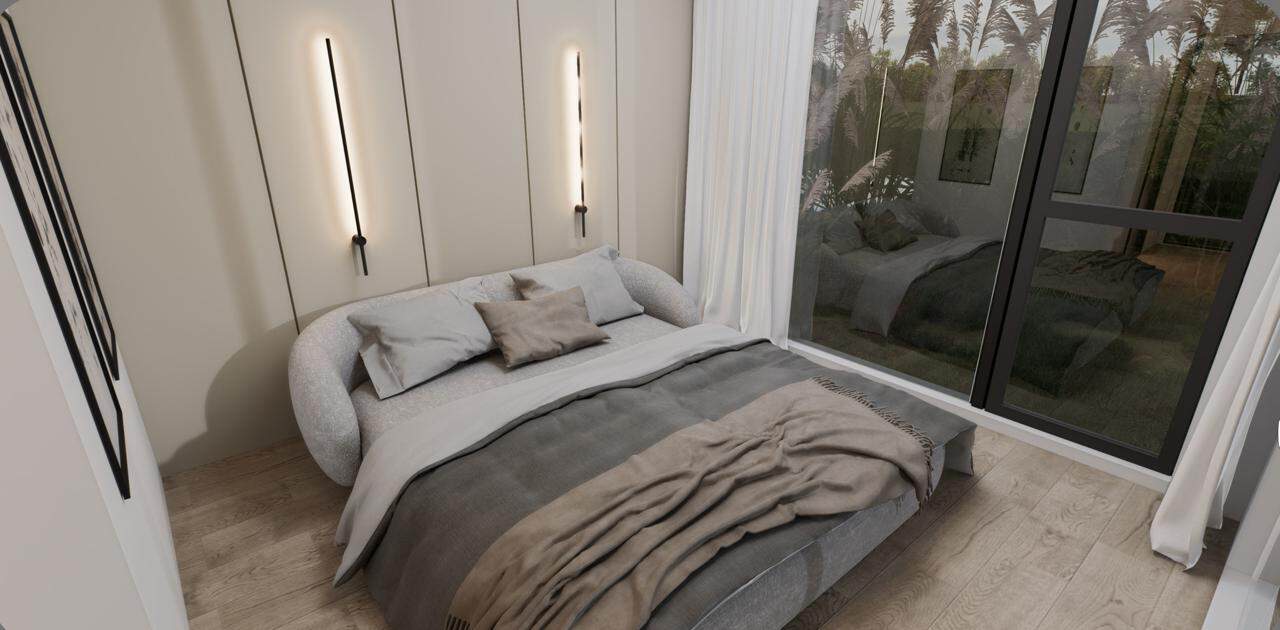 Dormitorio con cama y decoración minimalista en tonos neutros.